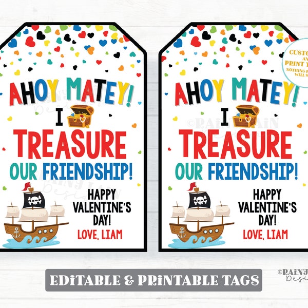 Ahoy Matey Valentine, Treasure Friendship, Popcorn, Cookies, Editable Gift Tag, Classroom Kids Printable Digital Download
