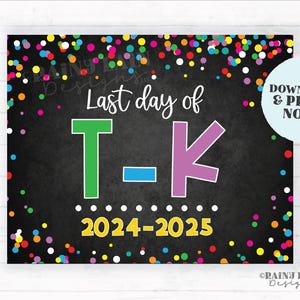 Last day of t-k sign last day of transitional kindergarten Last day of School Summer End of School Chalkboard Printable Confetti 2024-2025