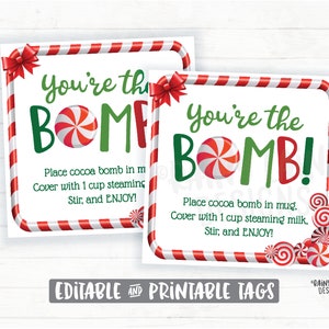 Editable Cocoa Bomb Tags, Christmas Hot Cocoa Bomb Tag, Peppermint Hot Chocolate Bomb Tags, You&#39;re the Bomb, Holiday Gift Tags Christmas Tag