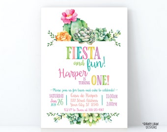 Fiesta 1st Birthday Invitations, First Birthday Fiesta Invite, Fiesta and Fun, Cactus Birthday Invite, Cacti, Succulents Invite, Watercolor