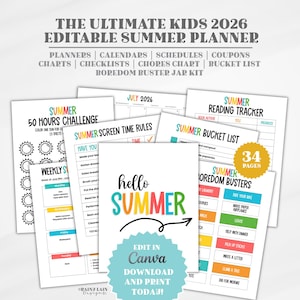 Zomerplanner voor kinderen 2026, bewerkbare gezinsorganisator, canvassjabloon zomerkalenders