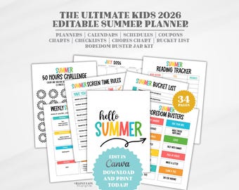 2026 Summer Planner for Kids, Editable Family Organizer, Summer Calendars Canva Template