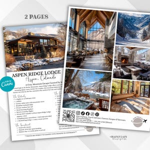 May include: A two-page travel brochure for Aspen Ridge Lodge in Aspen, Colorado. The brochure features images of the lodge, including exterior and interior shots, and details about the amenities and services offered. The brochure is designed with a clean and modern aesthetic.