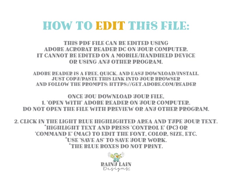 May include: A blue and orange text graphic with instructions on how to edit a PDF file using Adobe Acrobat Reader DC. The text includes the website address https://get.adobe.com/reader. The graphic also includes a cartoon illustration of a raindrop with a face.