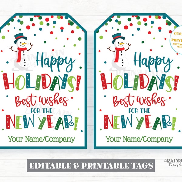 Happy Holidays Tags Best Wishes for the New Year Printable Christmas Editable Holiday Favor Tags Winter Snowman Confetti Holiday Tag