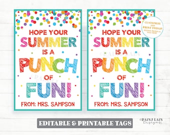 J'espère que votre été sera amusant Étiquettes-cadeaux de fin d'année scolaire Punch aux fruits Jus de ballon Préscolaire Classe Imprimable Enfants Enseignant