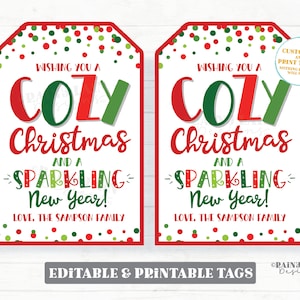May include: Two printable gift tags with a red and green polka dot background. The tags feature the text "Wishing you a Cozy Christmas and a Sparkling New Year! Love, The Sampson Family".