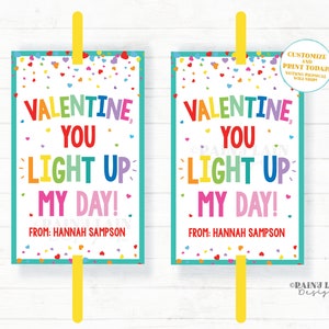 You Light Up My Day Valentine Tag, Valentine's Day Glow Stick Tag, Favor Preschool Classroom Student Gift  Printable Kids Non-Candy Ideas