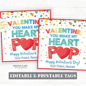 Heart Pop Valentine Tag, Popping, Pop Fidget Toy, Palomitas de maíz, Lollipop Pop Candy Sucker Globo Preescolar Aula Imprimible Niños No Dulces