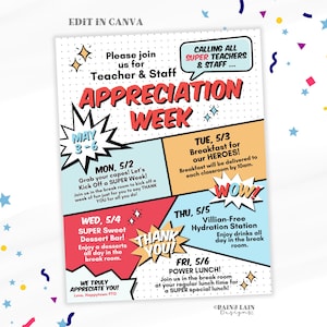 Peut inclure: Une affiche colorée sur le thème de la bande dessinée annonce la Semaine de l'appréciation des enseignants et du personnel, du 3 au 6 mai. Elle liste les événements quotidiens, notamment un petit-déjeuner pour les héros, un bar à desserts super sucré, une station d'hydratation sans méchants et un déjeuner de puissance.