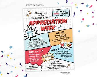 Superhero Teacher Appreciation Flyer, Comic Book Schedule (Editable Canva Template)