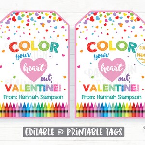 Color Your Heart Out Valentine, Coloring Book Valentine Tag, Crayon Valentine, Preschool, Classroom, Printable Non-Candy Valentine Tags