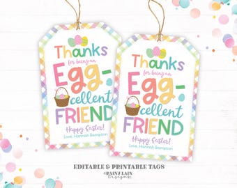 Könnte beinhalten: Zwei pastellfarbene Oster-Geschenk-Etiketten in Rosa, Gelb, Blau und Grün mit kariertem Rand. Die Etiketten sagen "Danke, dass du ein Eier-zellenter Freund bist! Frohe Ostern! Liebe, Hannah Sampson".