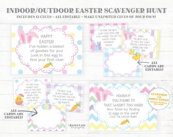 May include: A set of 12 printable Easter scavenger hunt cards with a pink, blue, and yellow color scheme. The cards feature bunny ears, eggs, and a carrot. The text on the cards reads "Happy Easter! I've hidden a basket of goodies for you! Look in this egg to find your first clue!" and "Hooray! You found it! That wasn't too hard! Now finish by finding 12 eggs in the yard! Love, the Easter Bunny."
