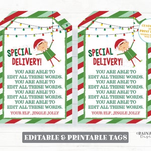 May include: Two printable Christmas gift tags featuring a cartoon elf hanging from a string of lights. The tags are red and green with white stripes and the text "Special Delivery!" and "You are able to edit all these words. Your elf, Jingle Jolly".