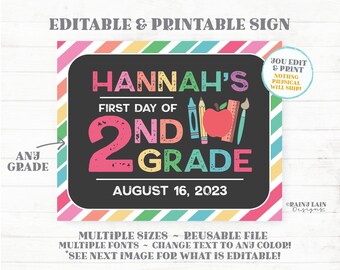 Editable First Day of School Sign, Rainbow Chalkboard, Printable Digital Download
