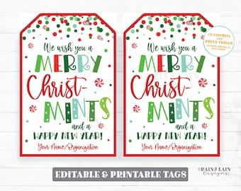 Könnte beinhalten: Zwei druckbare Geschenkanhänger mit rotem, grünem und weißem Polka-Dot-Hintergrund. Die Anhänger zeigen den Text "We wish you a Merry Christ-Mints and a Happy New Year!" in einem rot-grün-blauen Farbschema. Der Text "Your Name/Organization" ist unten auf jedem Anhänger enthalten.