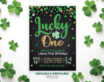 May include: A green and gold printable invitation for a first birthday party. The invitation features a shamrock design and the text "Lucky One". The invitation also includes the date and time of the party, as well as the address and RSVP information.