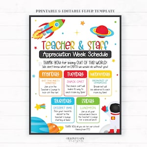 Weltraum Lehrer Wertschätzung Wochenplan, Weltraum Thema bearbeitbare Flyer, Personal Einladung, Reiseweg, Mittagessen einladen, nicht von dieser Welt