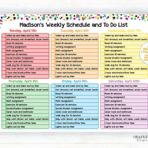 May include: A colorful printable weekly schedule and to-do list for children. The schedule includes daily activities like waking up, getting dressed, reading, math, exercise, social studies, cleaning, walking the dog, helping with dinner, and free time. The schedule is designed for the month of April.