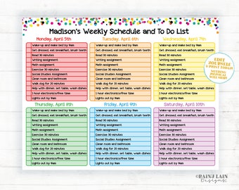 Weekly School Schedule Template, Editable Home School Schedule, Daily Checklist, Task List, Printable Schedule, Weekly HomeSchool Planner