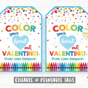 Crayon Valentine, Color Your Heart Out Valentine, Coloring Book Valentine Tag, Preschool, Classroom, Printable Non-Candy Valentine Tags