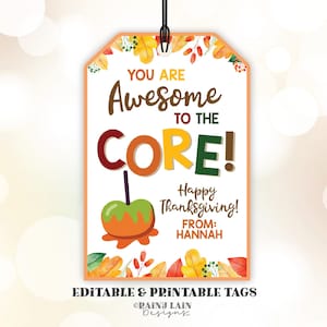 Awesome to the Core Thanksgiving Tag Candy Apple Caramel Fall Gift Appreciation Teacher Staff Employee School Friend Teammate Classmate