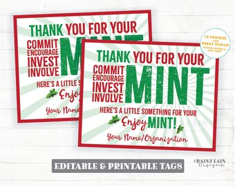 Könnte beinhalten: Zwei bedruckbare Etiketten mit rotem Rand und weißem Hintergrund. Die Etiketten lauten "Thank You For Your MINT" in Grün und Rot. Der Text enthält "Commit, Encourage, Invest, Involve" und "Enjoy MINT!" mit Platz für einen Namen.