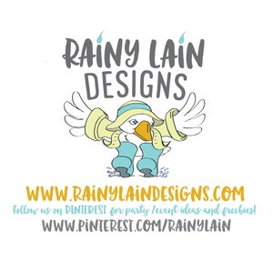 May include: A whimsical illustration features a goose wearing a hat and boots, with the text "RAINY LAIN DESIGNS" above. Below, the website address WWW.RAINYLAINDESIGNS.COM and Pinterest information are displayed.