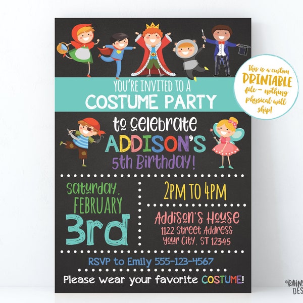 Costume Birthday Party Invitation Chalkboard Costume Party Invite Kids Dress Up Party Invite Dress Up Birthday Party Invite Custom Digital