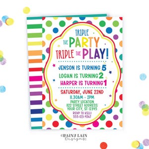 Triple the Party Triple the Fun Invitation, Joint Birthday Invite, Girl and Boy Triple Party, Polka Dots, Stripes, Stars, Colorful, Sibling