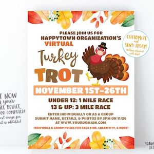 Virtual Turkey Trot Flyer, Thanksgiving Fundraiser Flyer, Turkey Invitation Thanksgiving Turkey Trot Flier Printable Editable, Masked Turkey