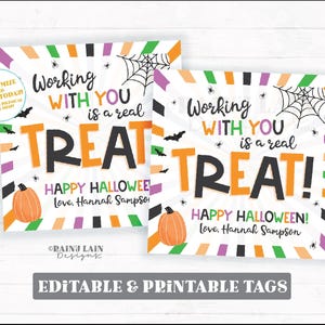 Met jou samenwerken is een echte traktatie Tag, bewerkbaar, Halloweencadeau, afdrukbare collega, personeel, werknemer, baas, waardering, leraar, directeur