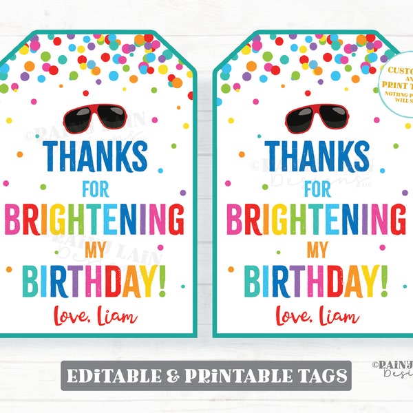 Thanks for Brightening My Birthday Tag Sunglasses Tags Sun Summer Bright Birthday Brighten School Party Favor Birthday Gift Party Light