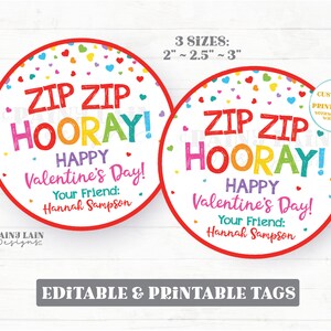 Zip Bracelet Valentine, Zip Zip Hooray Happy Valentine&#39;s Day Tag, Fidget Non-Candy Gift Printable Kids Valentine Preschool Classroom