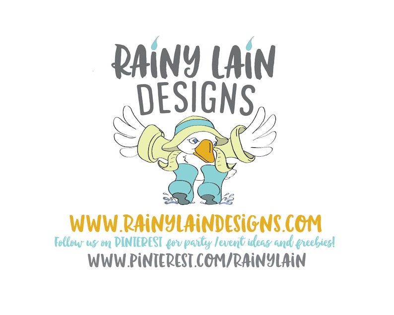 May include: A cartoon illustration of a duck wearing a yellow raincoat and blue rain boots, with the text "RAINY LAIN DESIGNS" and the website address "WWW.RAINYLAINDESIGNS.COM".