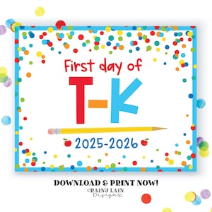 Letrero para el primer día de jardín de infantes de transición, imprimible, para el regreso a clases, confeti azul para el primer día de jardín de infantes de transición (2025-2026)