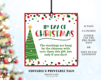 12 Days of Christmas Gift Tags, Editable Printable Cards, Square, Elf, Secret Santa Gift Exchange Office Co-worker