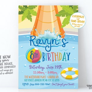 May include: A blue and white birthday invitation with a cartoon illustration of a water slide and a beach ball. The text on the invitation reads "Ravyn's 8th Birthday" and includes the date, time, and location of the party. The invitation also includes the RSVP information and the text "Don't forget your towel!"