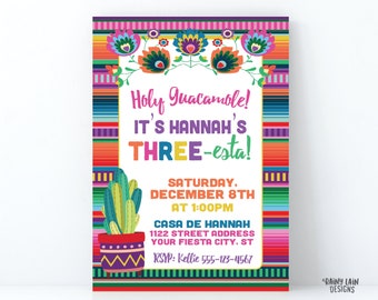 Three-esta Birthday Invitation Girl THREEesta Invitation, Holy Guacamole, 3rd Birthday Fiesta Invitation Cactus, Papel Picado, Serape Invite