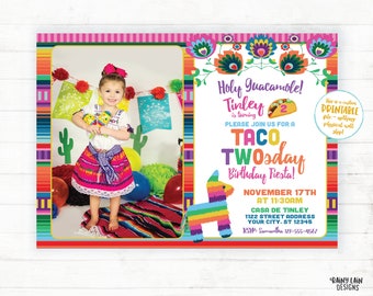 Girl Taco Twosday Invitation with Photo, Taco TWOsday Invite, Fiesta Invitations, Mexican Fiesta Birthday Invite, Piñata, Floral, Serape