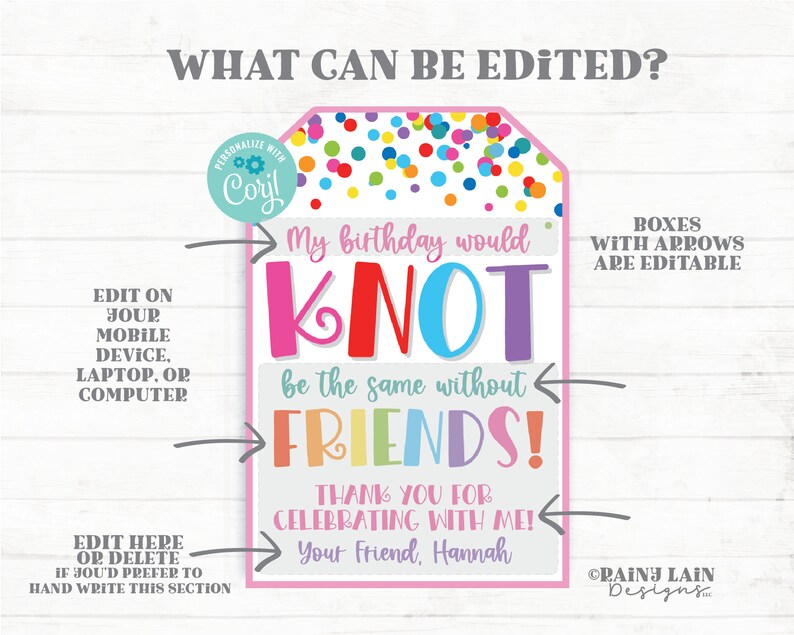 May include: A colorful birthday-themed gift tag with the text "My birthday would KNOT be the same without FRIENDS!" and "Thank you for celebrating with me!" The tag has a pink border and confetti.