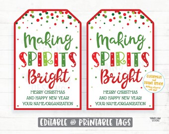 Making Spirits Bright kerstcadeaulabel voor alcohol, cocktails, bewerkbare afdrukbare digitale download