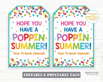 Espero que tengas un verano genial. Etiquetas de regalo de fin de año escolar. Etiquetas de regalo para palomitas de maíz, juguetes antiestrés para preescolar. Imprimibles para niños y maestros.