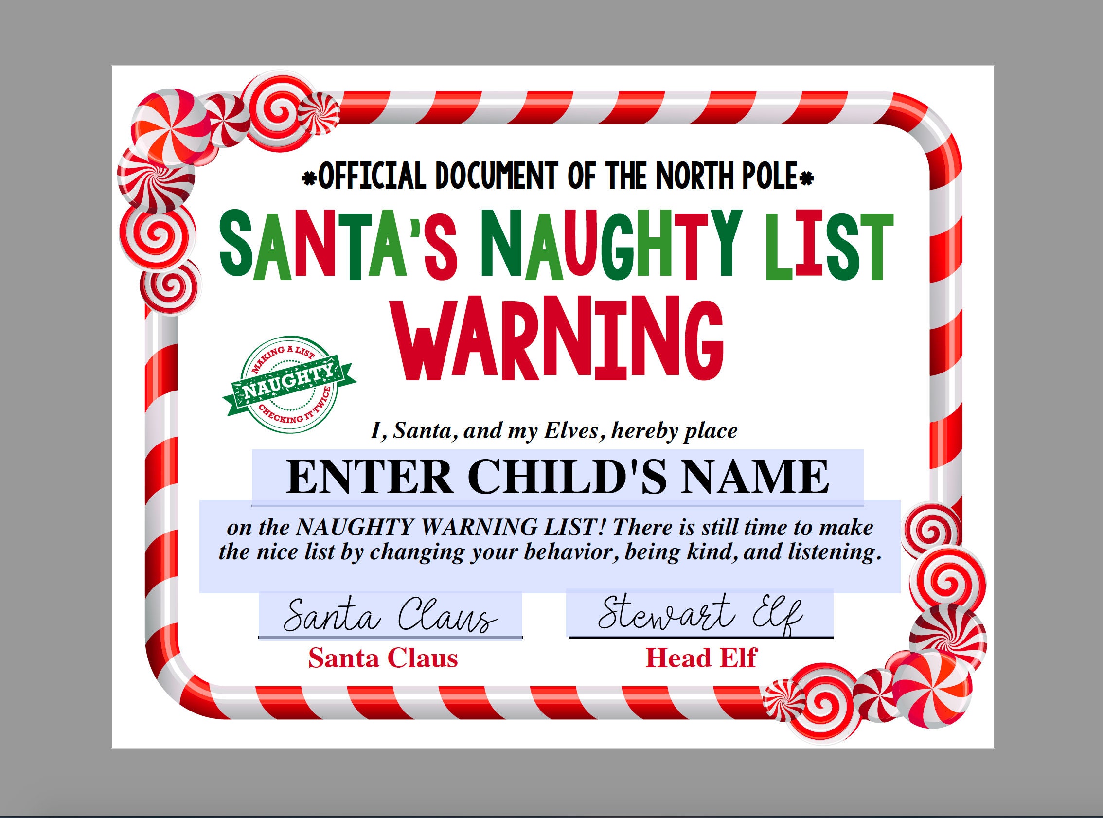Santa Certificate Printable Naughty List Warning Santa's - Etsy