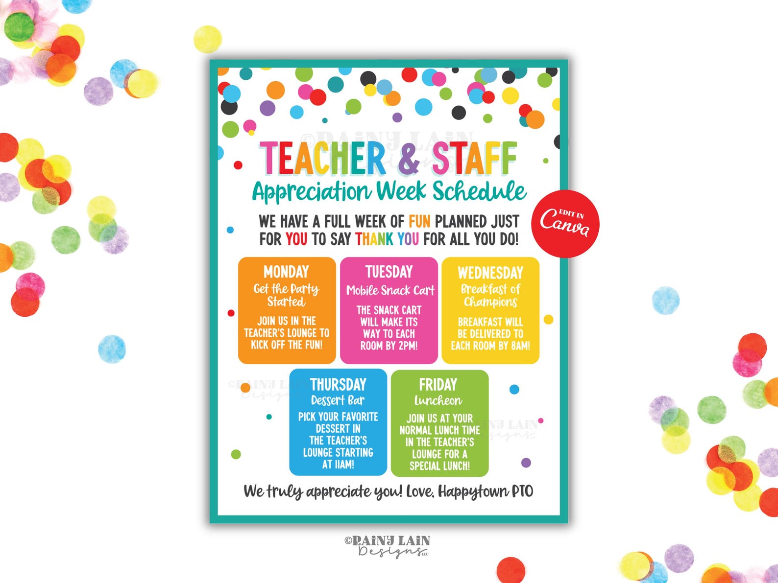 Week Of Fun Editable Teacher Appreciation Week Schedule Flyer Itinerary Luncheon ...