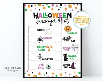 Puede incluir: Un juego de búsqueda del tesoro de Halloween imprimible con una lista de verificación de elementos para encontrar, que incluyen un fantasma, una araña, maíz dulce, una calabaza, un murciélago, una telaraña, un gato negro, un esqueleto, un globo ocular y un sombrero de bruja.
