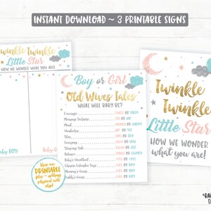 Twinkle Twinkle Little Star Gender Reveal Sign, Old Wives Tales, Gender Voting, How we wonder what you are, Stars, Moon, Clouds, Gold, White