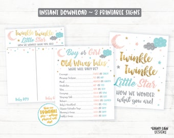Twinkle Twinkle Little Star Gender Reveal Sign, Old Wives Tales, Gender Voting, How we wonder what you are, Stars, Moon, Clouds, Gold, White