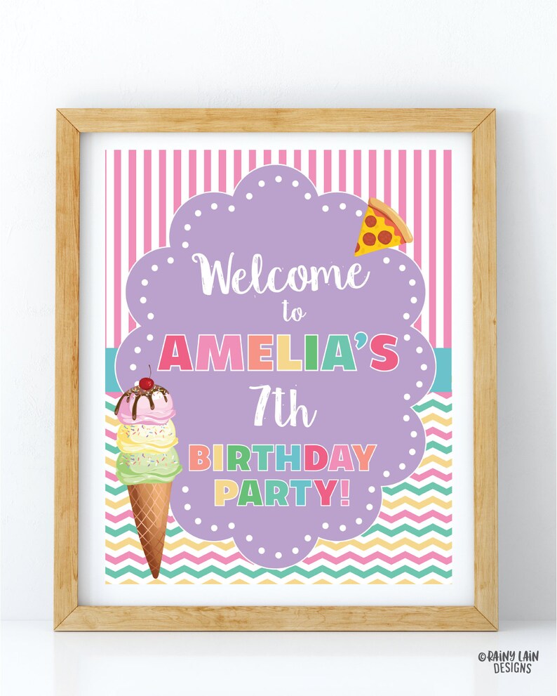 Ice cream and pizza party welcome sign stripes Ice Cream Party Welcome Sign Pizza Decorations Pizza Party Welcome Sign Ice cream decor